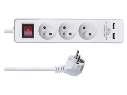 Prodlužovací kabel EMOS P1312RU s vypínačem – 3 zásuvky, 2m, bílý + 2×USB