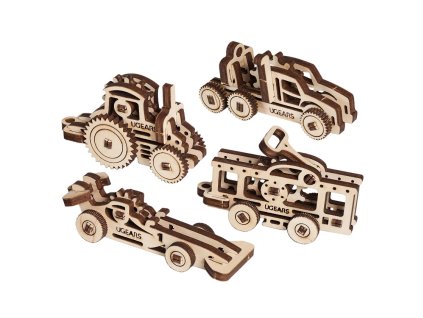 Ugears 3D dřevěné mechanické puzzle 4 mechanické přívěšky Vozidla