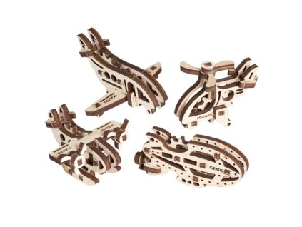 Ugears 3D dřevěné mechanické puzzle 4 mechanické přívěšky Létající stroje