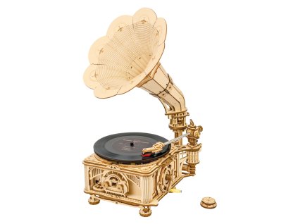 RoboTime 3D dřevěné mechanické puzzle Gramofon (ruční pohon)