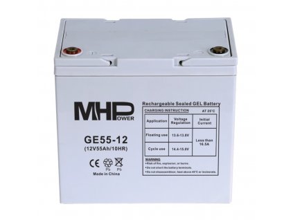 MHPower GE55-12 - LEHCE POŠKOZENÝ, Gelový akumulátor 12V/55Ah, Terminál T1 - M6, Deep Cycle