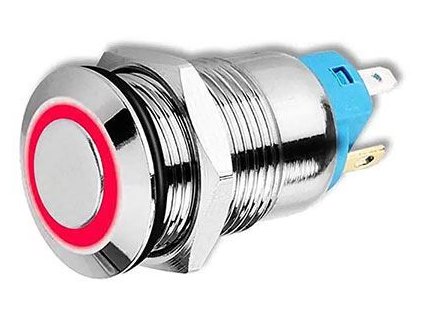 Vypínač stiskací OFF-ON 12mm 230VAC/3A 1P, červené prosvět.12-24V