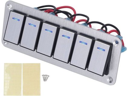 Hliníkový panel se 6 vypínači Rocket switch 12/24V - modré podsvícení