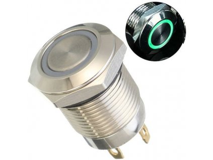 Vypínač stiskací OFF-ON 12mm, 250V/2A, zelené prosvětlení 12V