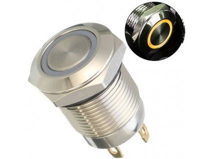 Vypínač stiskací OFF-ON 12mm, 250V/2A, žluté prosvětlení 12V