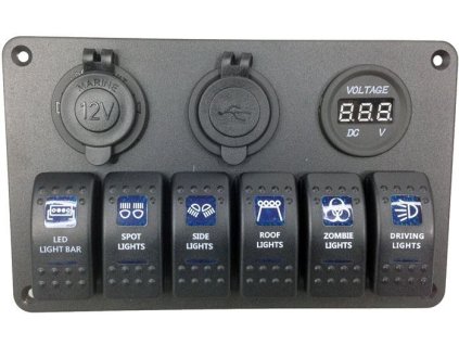 Panel PN-L6S3 se 6 vypínači, 2 napájecími zdířkami a V-metrem