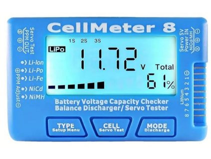 Chytrý tester článků NiMH, LiPol,LiIon,LiFe a servomotorů Cellmeter 8