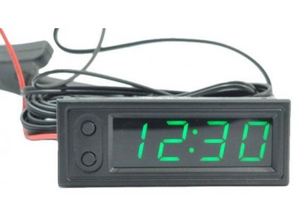 Teploměr,hodiny,voltmetr panelový 3v1, 12V, zelený, 2 tepl.čidla