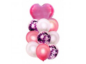 Balónky růžové se srdíčkem a konfety 30-46cm, 10ks