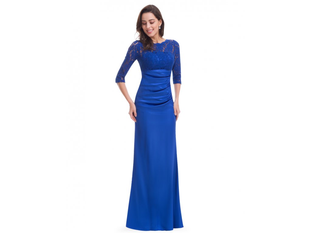 Elegantní světle modré večerní šaty s tříčtvrtečními rukávy