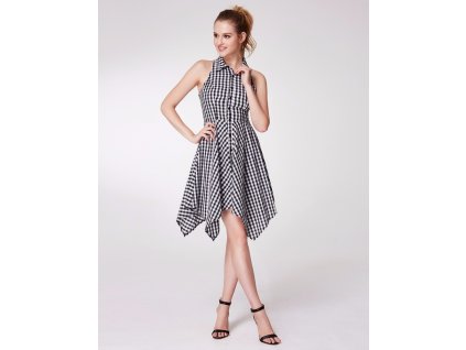 Černobílé kostkované šaty s americkými průramky a asymetrickou sukní