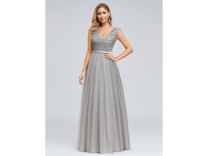 Šedé dlouhé šaty s Áčkovou sukní a živůtkem s flitry