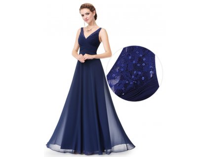 Námořnicky modré večerní šaty na šněrování zdobené pajetkami