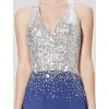 Modrostříbrné šaty s holými zády a rozparkem