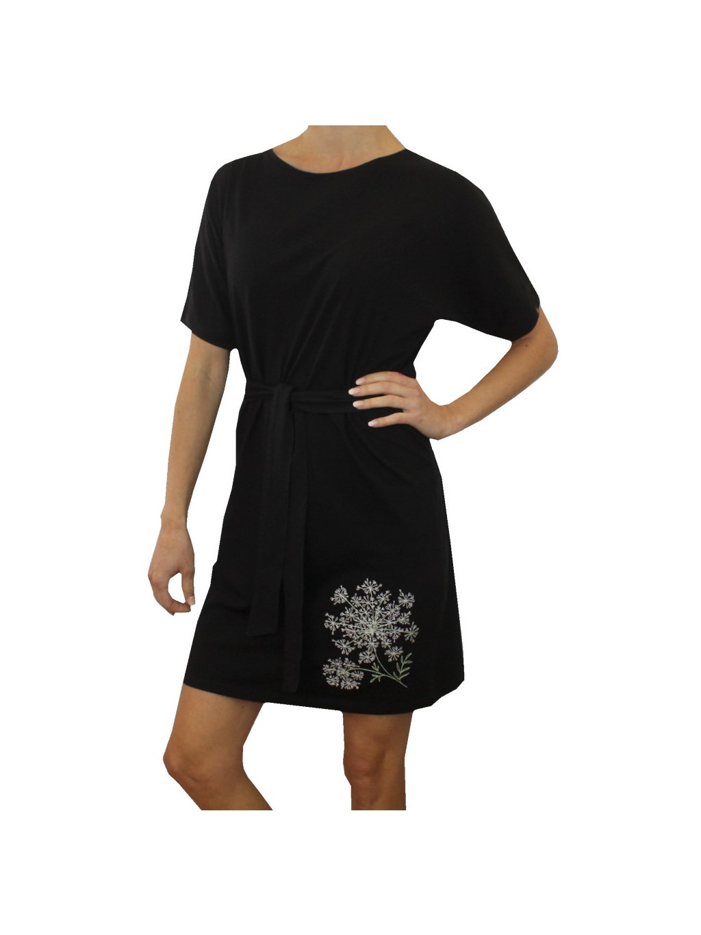 Černé dámské šaty MEDA, volnější střih s páskem, rostlina
