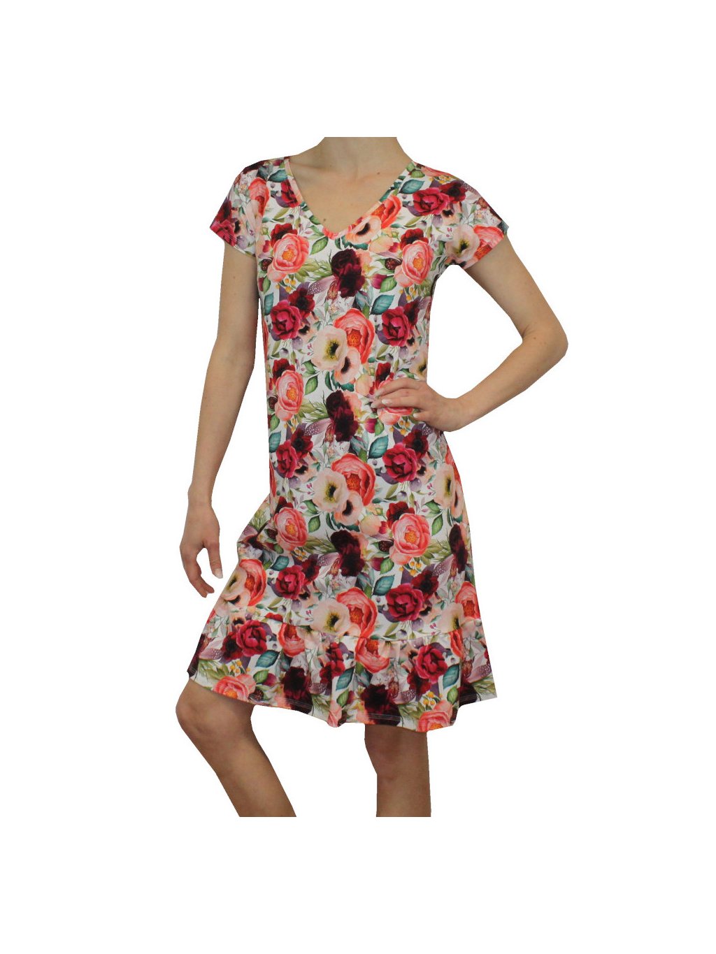 Bavlněné letní šaty s volánem CELESTE, krátký rukáv, výstřih do V, šípkové růže