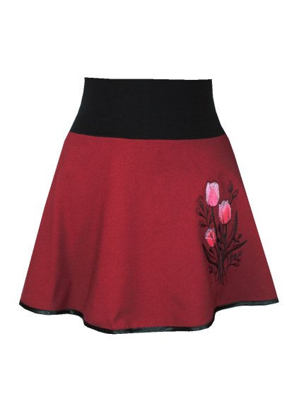 Vínová dámská sukně s tulipány, černý lem