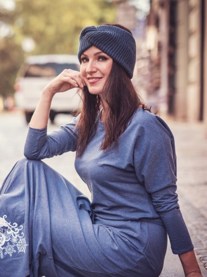 Široká pletená zimní čelenka SMART, modrá