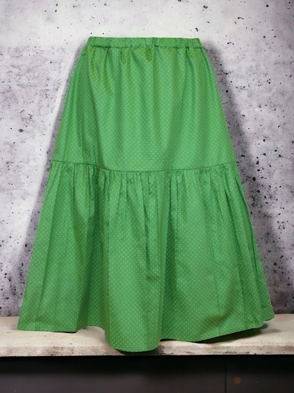 Zelená letní dlouhá volánová sukně z bavlněného plátna, bílé puntíky