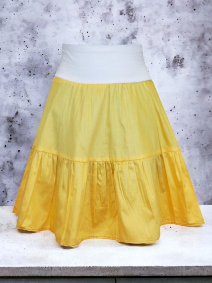 Žlutá plátěná volánová sukně, bílý pas
