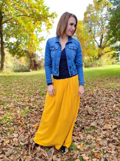 Hořčicově žlutá bavlněná dlouhá sukně HELENE, sklady