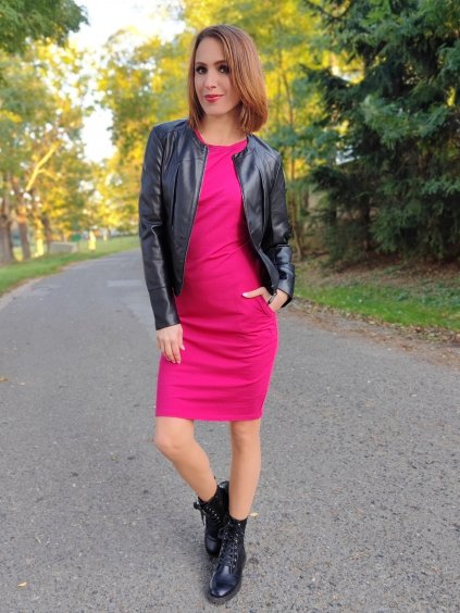 Tmavě růžové dámské šaty ADRIANA podzim/zima, dlouhé rukávy, kapsy