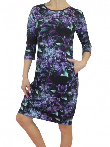 Dámské šaty MONA, volnější balonkový střih, fialovo-tyrkysové květy