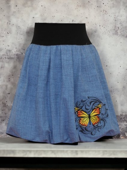 Bohatě balonová sukně STELA, středně modrá imitace džínoviny, motýl