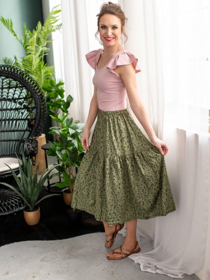 Letní volánová sukně LENON, zelená s drobnými kvítky