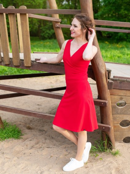Bavlněné letní červené šaty MEGIE, výstřih do V