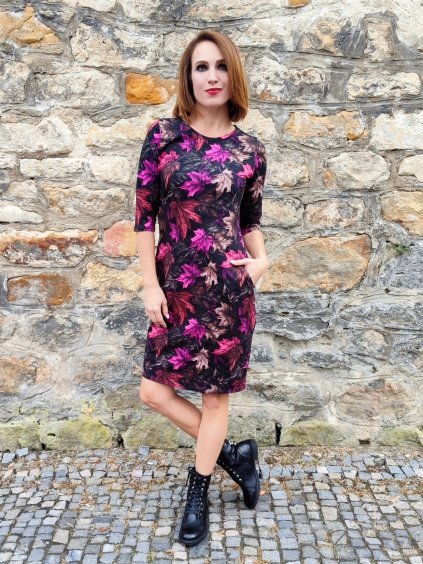 Podzimní šaty AUDREY, 3/4 rukávy, kapsy, fuchsiové listy