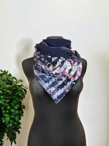 Oboustranná šátkošála na knoflík/ krátká šála na knoflík Fialové vzory/ temně modrá