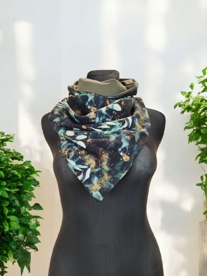 Oboustranná šátkošála na knoflík/ krátká šála na knoflík Eukalyptus/ khaki