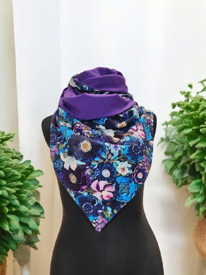 Oboustranná šála na knoflíky, Navy s růžovými květy/ fialová