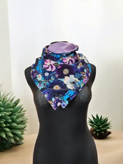 Oboustranná šátkošála na knoflík/ krátká šála na knoflík, Navy květy/lila