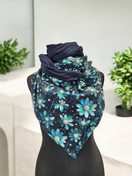 Oboustranná šála na knoflíky, Noční květy/ tmavě modrá