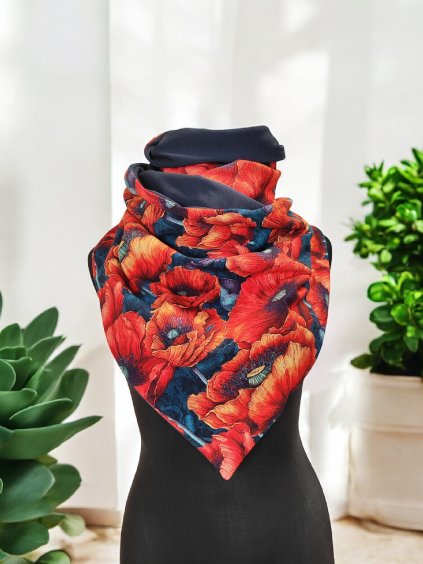 Oboustranná šála na knoflíky, Máky/ temně modrá