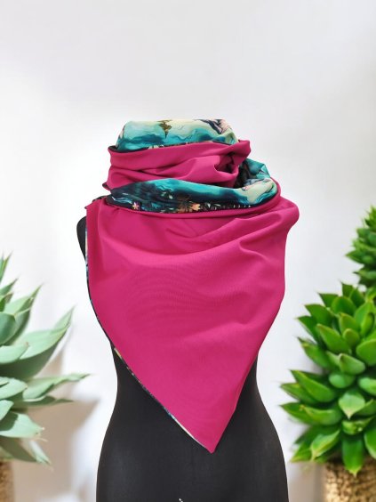 Oboustranná šála na knoflíky, Malované hory/ magenta
