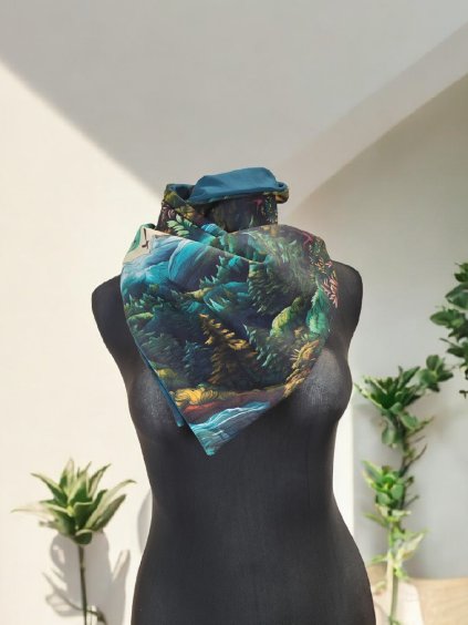 Oboustranná šátkošála na knoflík/ krátká šála na knoflík, Malované hory/ petrolejová mořská