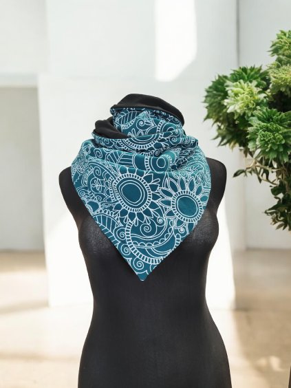 Oboustranná šátkošála na knoflík/ krátká šála na knoflík, Petrolejové ornamenty/ černá