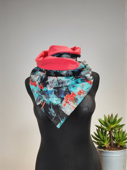 Oboustranná šátkošála na knoflík/ krátká šála na knoflík, Jeřabiny/ korálově oranžová