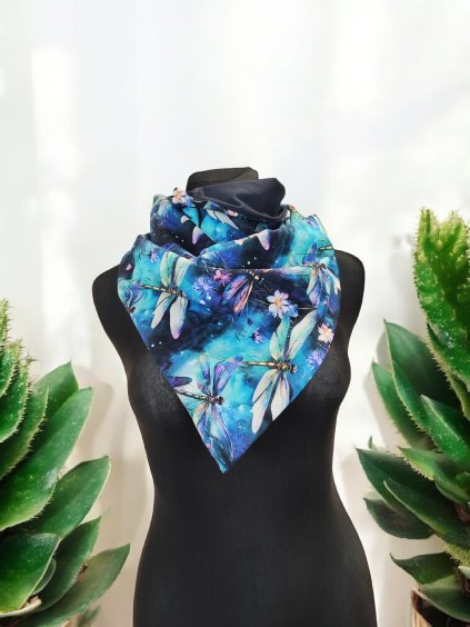 Oboustranná šátkošála na knoflík/ krátká šála na knoflík Vážky/ temně modrá