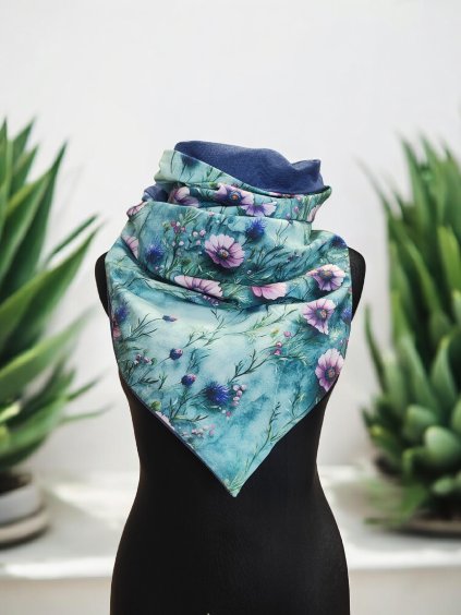 Oboustranná šála na knoflíky, Akvamarínová s květy/ Šedo modrá