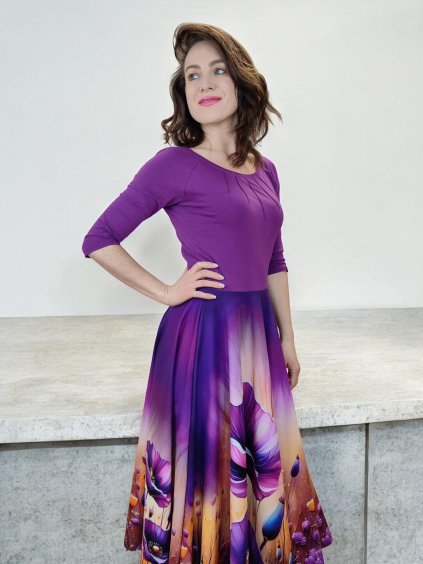 Bavlněné šaty Maarty s kolovou sukní a 3/4 rukávy – fuchsiová zahrada