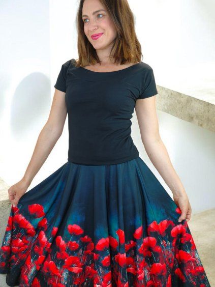 kolová sukně SERENA černá s máky