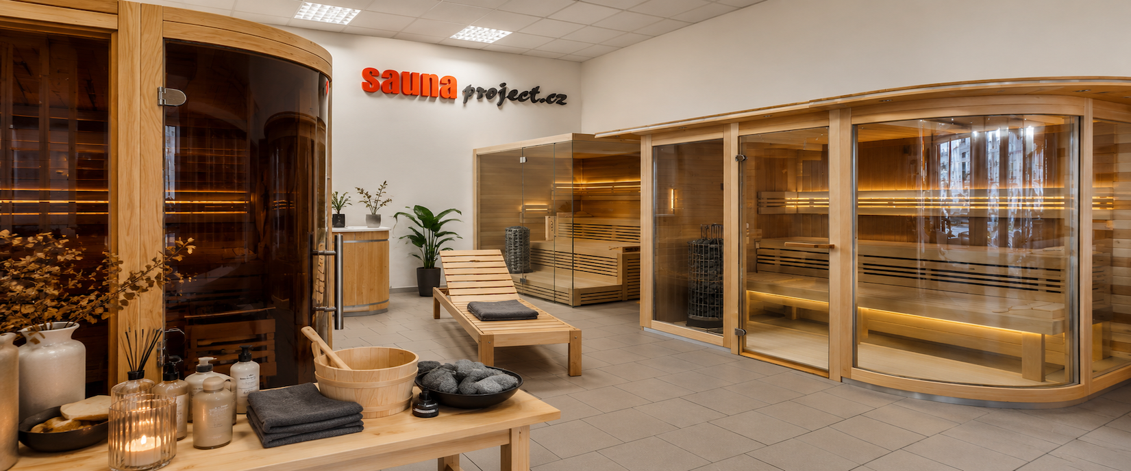 Showroom Saunaproject Praha – vystavené sauny a saunové vybavení