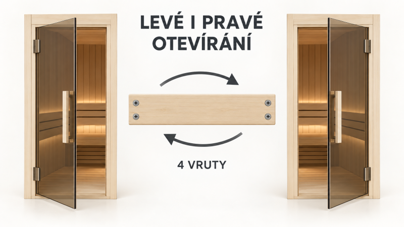 Saunové dveře – levé i pravé otevírání díky přesunu horního dílu rámu se čtyřmi vruty