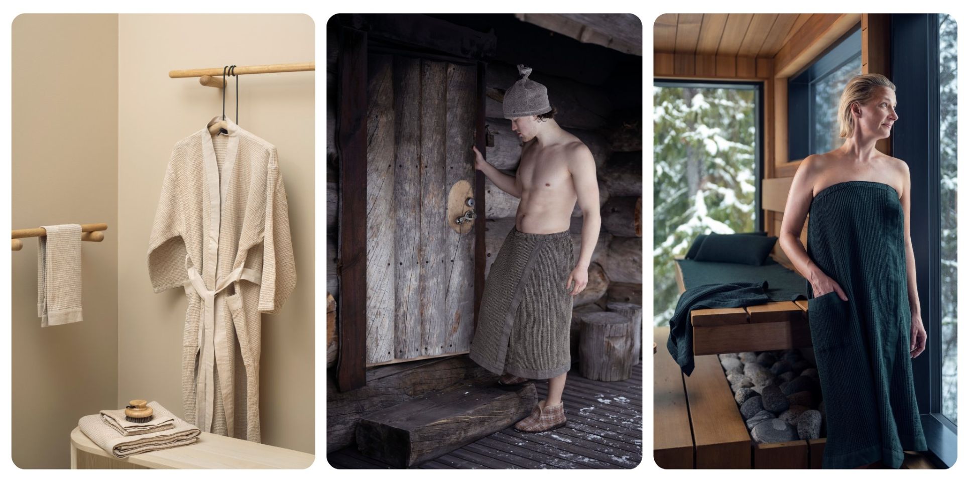 Prémiový saunový textil | župany, kilty, čepice, ručníky pro saunový rituál