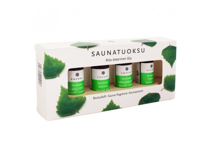 Saunová vůně mix eukalyptus bříza kouřové aroma 4 x 10 ml - dřevěný podstavec