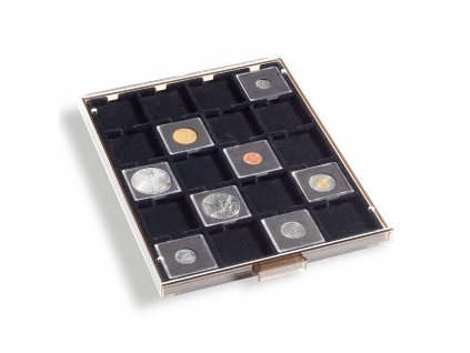 coin box quadrum 20 square compartments 50 x 50 mm smoke coloured with black drawer